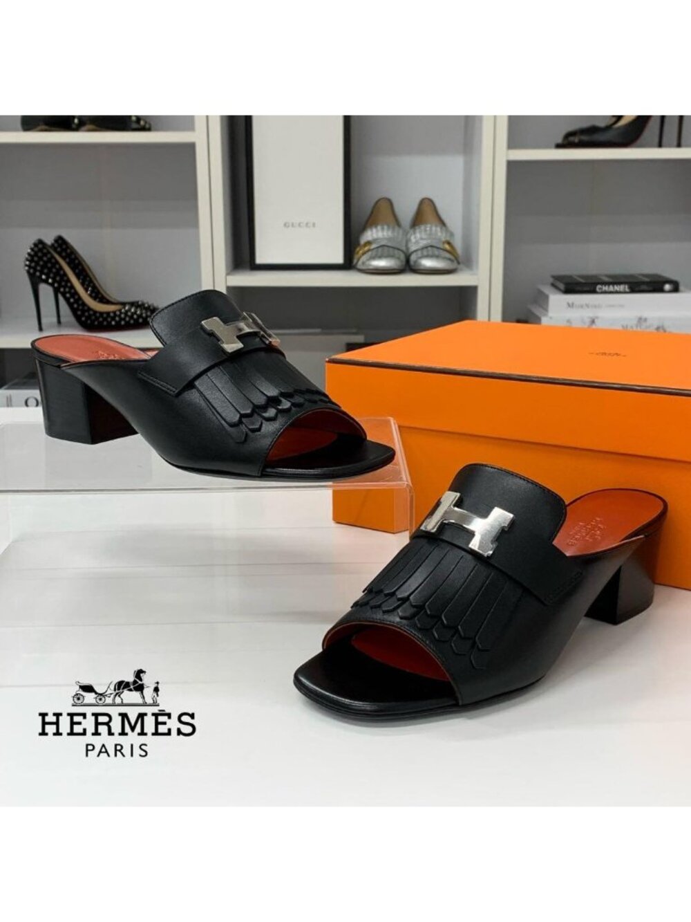 Hermes Alma Leather Constance Fringe Sandals Black
